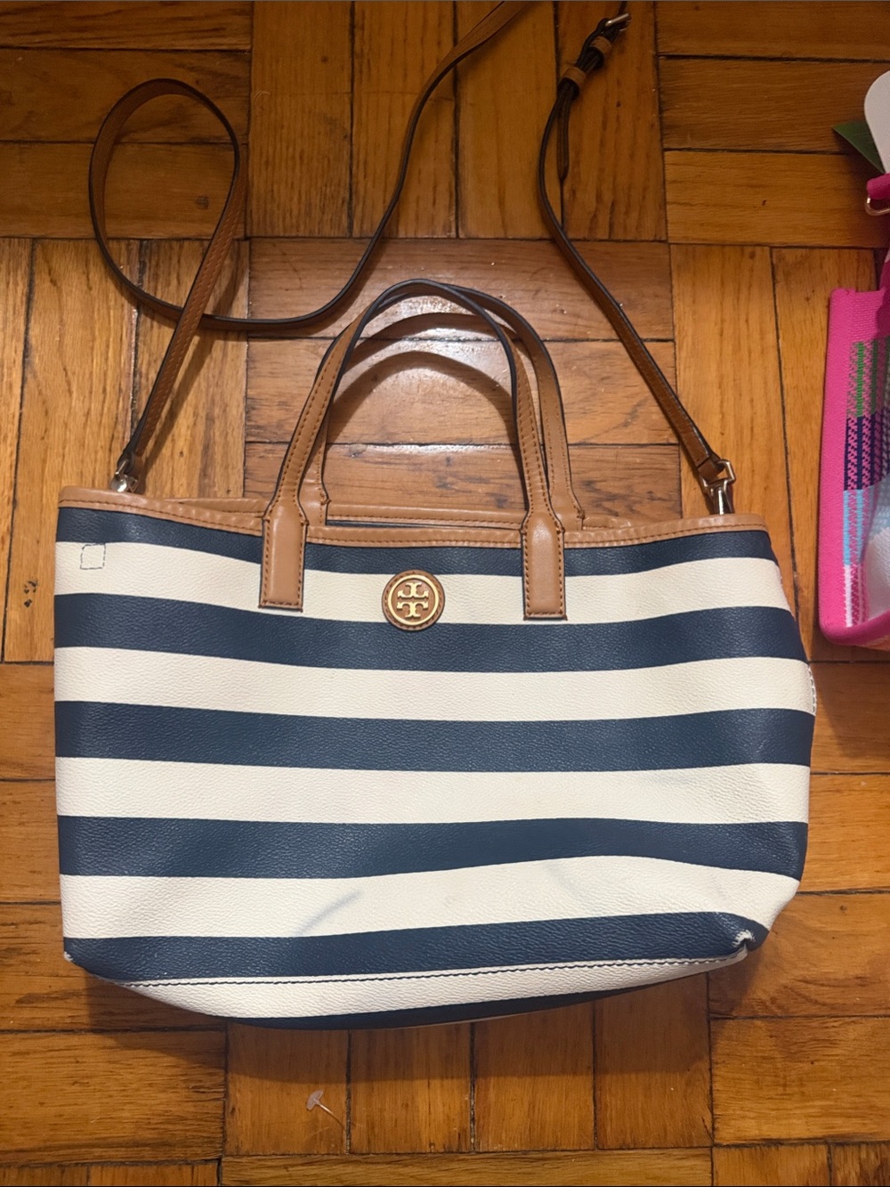 Tory Burch Navy and White Striped Tote with Tan Trim and Gold Logo